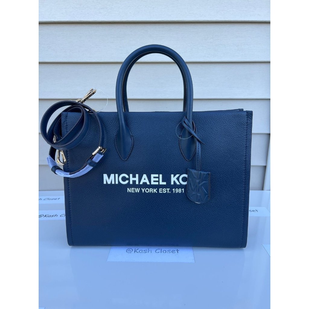 Michael Kors Tote Mirella Bag Medium Pebbled Leather Purse Navy